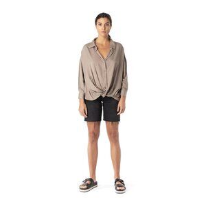 Maac London Belfry Taupe Button Down Twist Waist Top 100% Rayon S